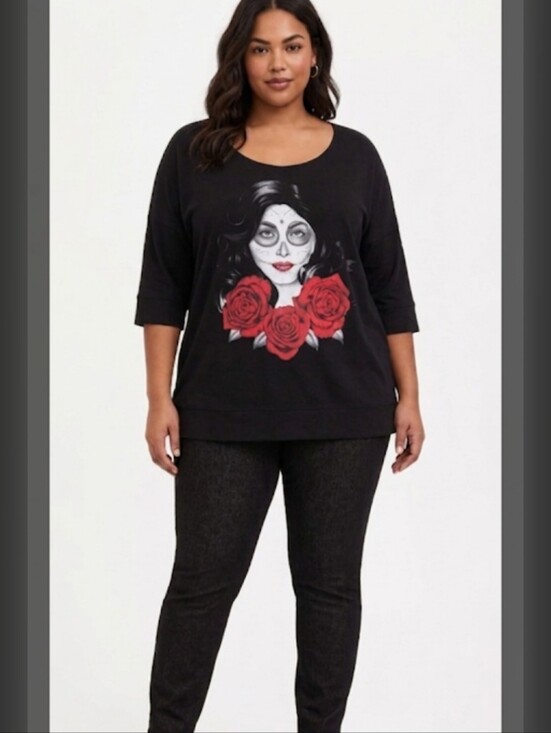torrid Tops - #056 Torrid 2 Black Day of the Dead Muertos Off-the-Shoulder Sweatshirt
